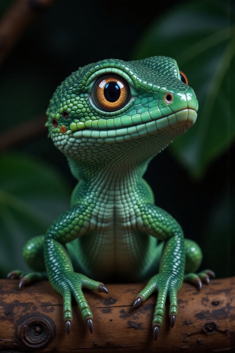 An emerald-colored lizard sits on the wooden surface.,  A horizontally elongated pupil,  Snake Eyes on Tensor.Art