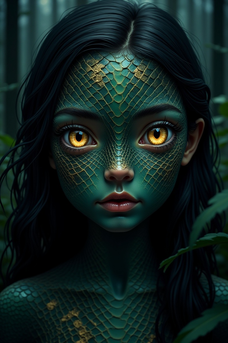 A close-up digital illustration of a girl whose face is completely covered with realistic snake skin—smooth,  interlocking...