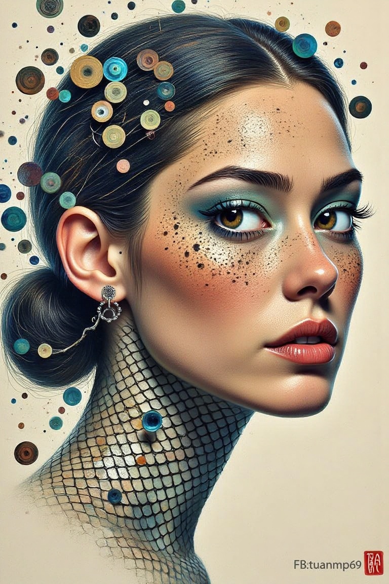 Create an abstract image of a woman's face,  executed in the characteristic style of Ayami Kojima,  evoking scattered memo...