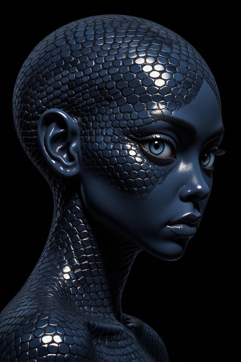 Create a digital illustration of a girl who transforms into a snake,  her skin on her face resembling a snake's scales. Sh...