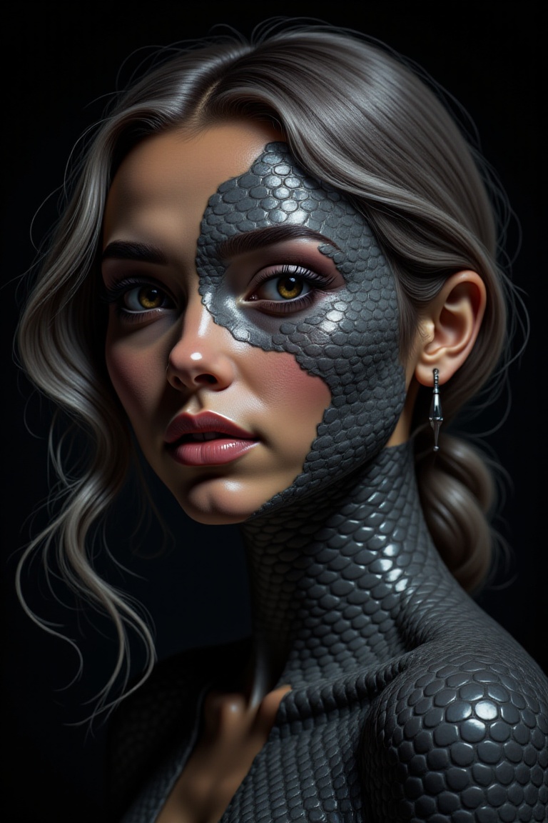 Create a digital illustration of a girl who transforms into a snake,  her skin on her face resembling a snake's scales. Sh...