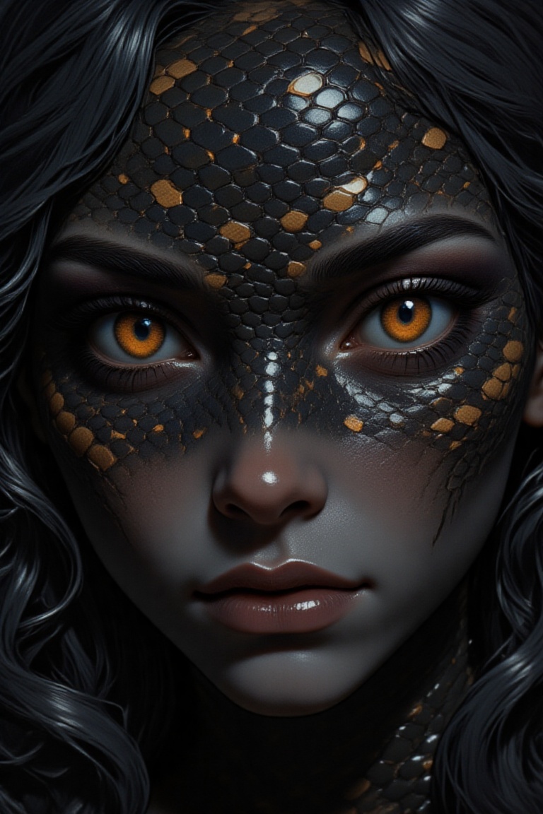 Create a digital illustration of a girl who turns into a snake,  her skin on her face resembles snake scales. It is covere...
