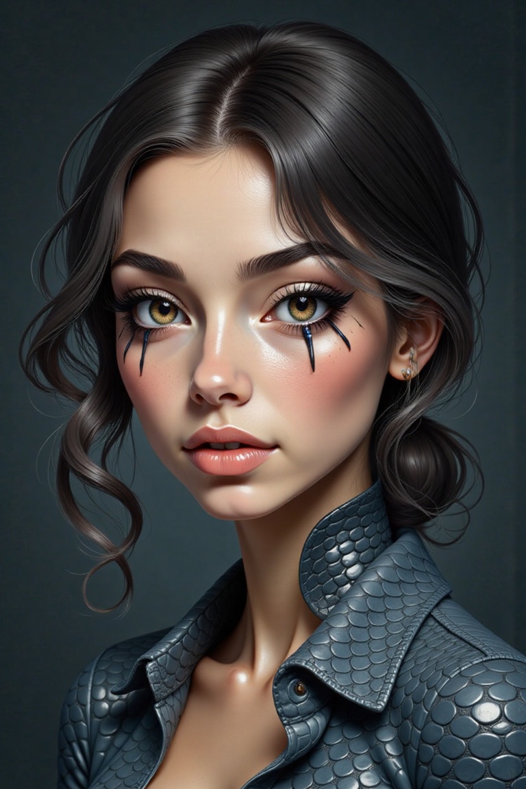 Create a digital illustration of a girl who transforms into a snake,  her skin on her face resembling a snake's scales. Sh...