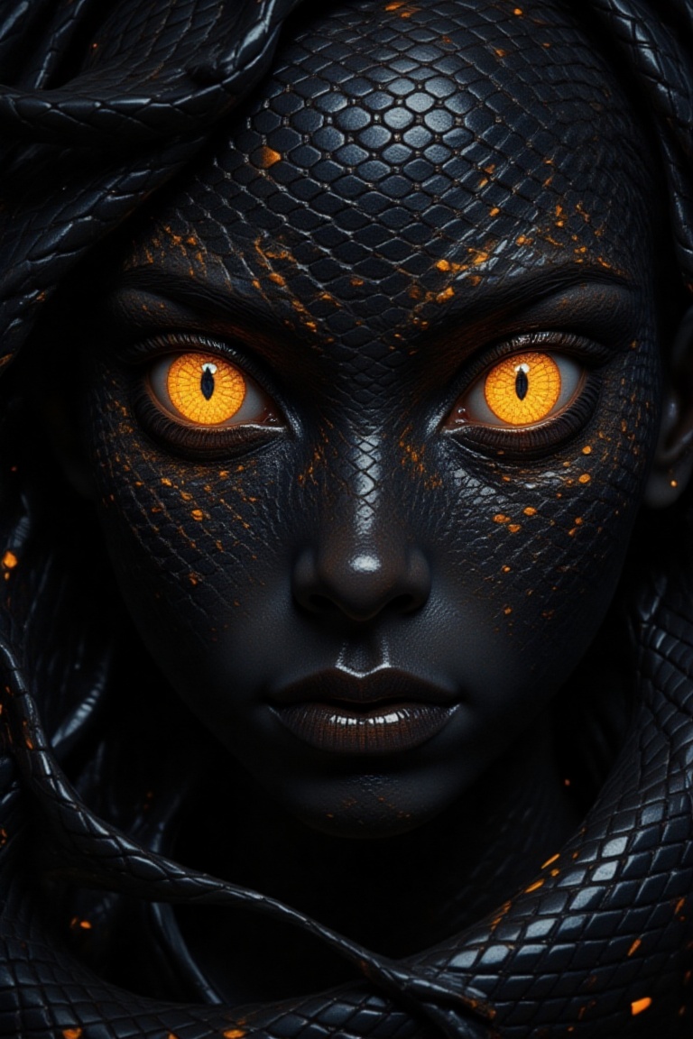 Create a digital illustration of a girl who turns into a snake,  her skin on her face resembles snake scales. It is covere...
