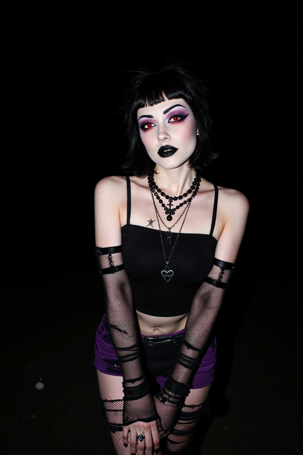 A hyper-realistic night portrait of a gothic individual illuminated by harsh flash lighting against a pitch-black backgrou...