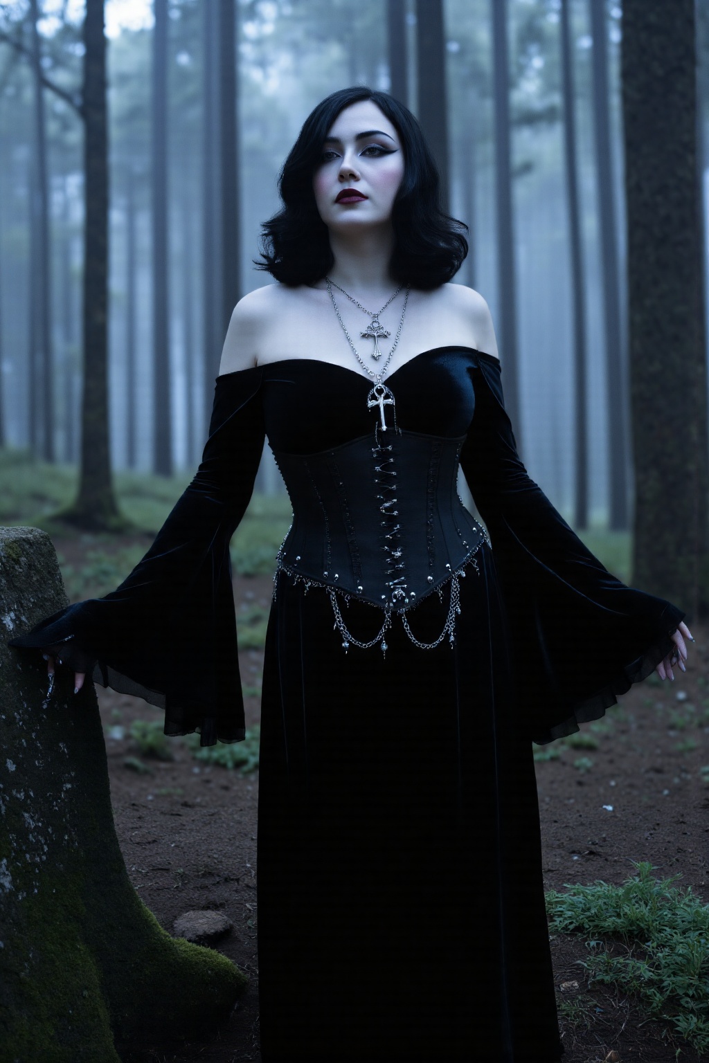A hyper-realistic gothic portrait of a mysterious woman standing in an eerie pine forest at dusk,  bathed in cold bluish-g...