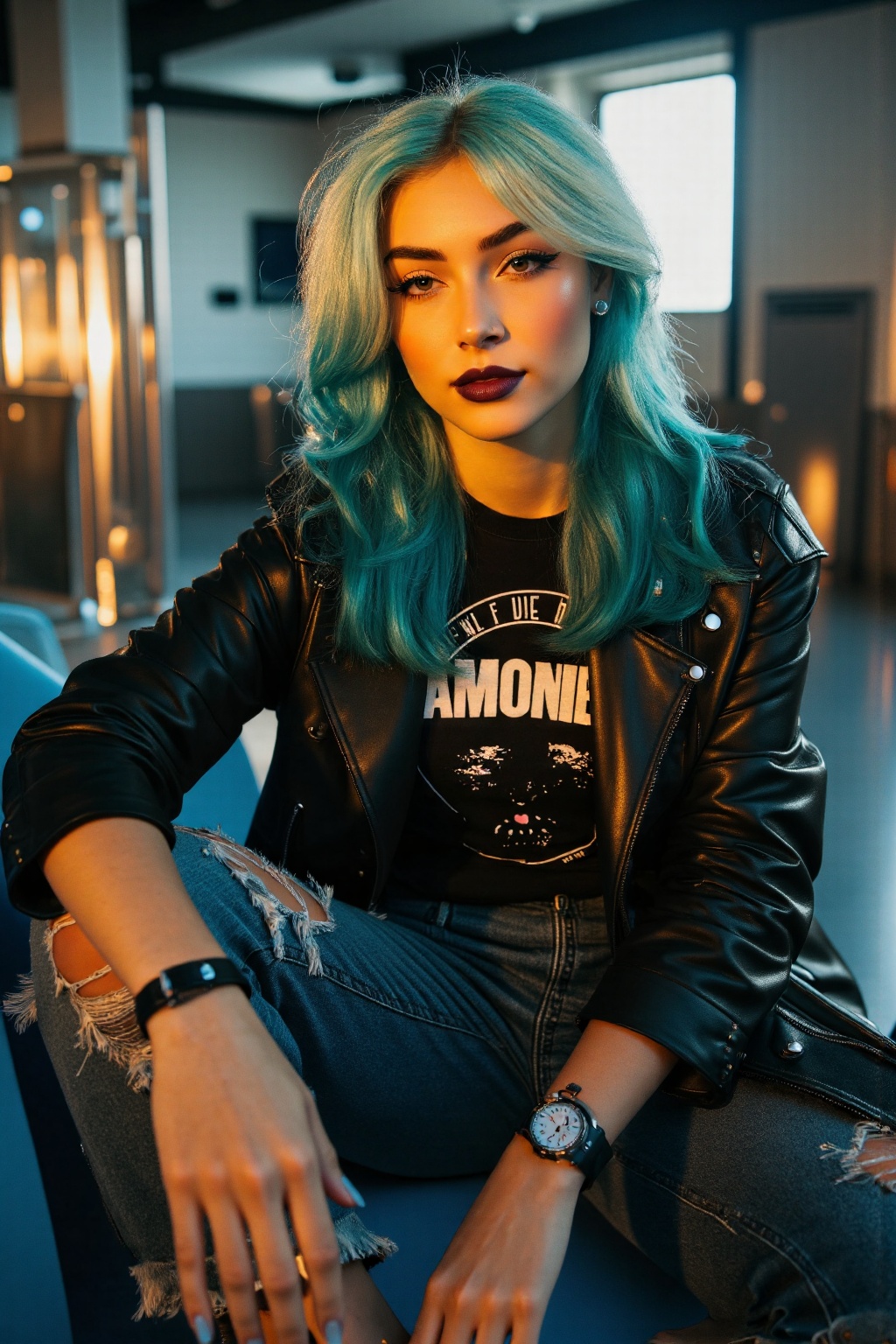 A hyper-realistic portrait of a young woman with an alternative,  urban aesthetic,  seated in a casual and introspective p...