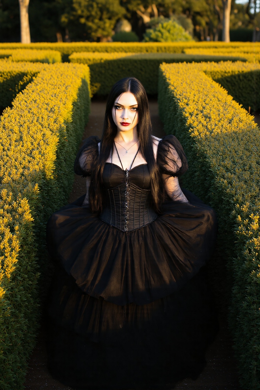 A hyper-realistic outdoor gothic portrait of a woman standing amidst a meticulously trimmed hedge maze bathed in late-afte...