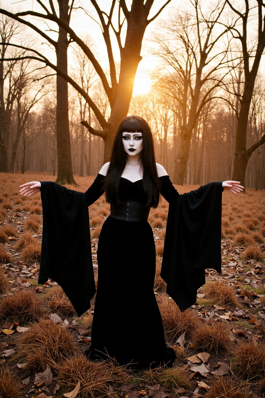 A hyper-realistic outdoor portrait of a gothic woman standing gracefully in a barren autumn forest,  surrounded by leafles...