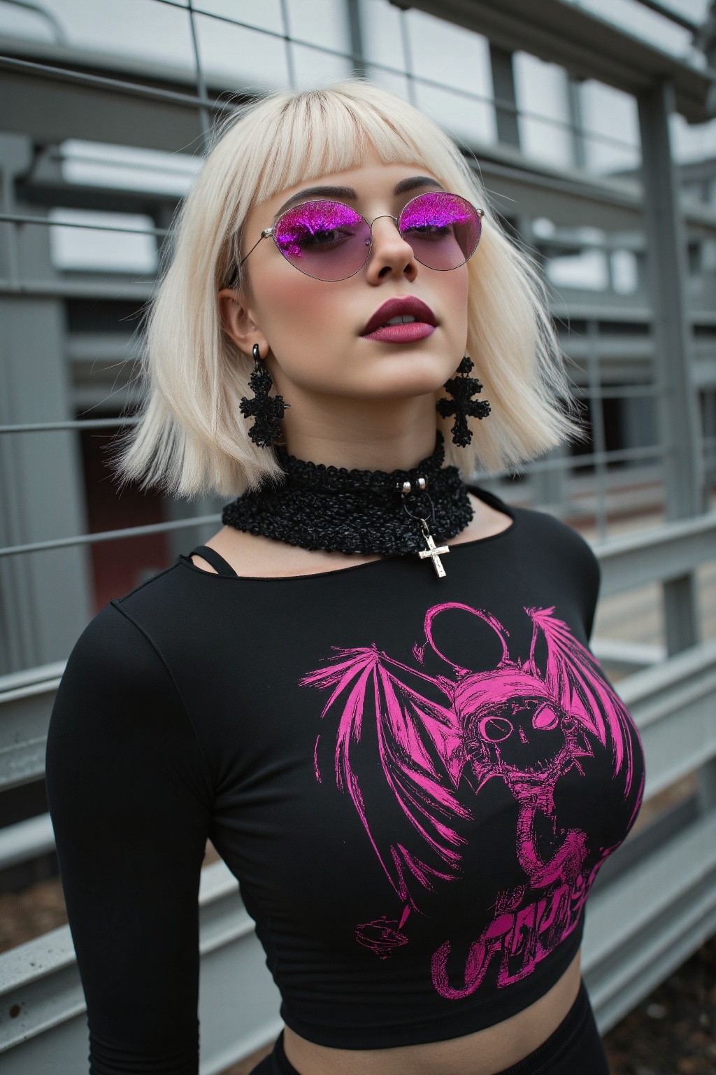 A striking cyberpunk-inspired portrait of a young woman with a rebellious,  edgy aesthetic standing in an urban industrial...