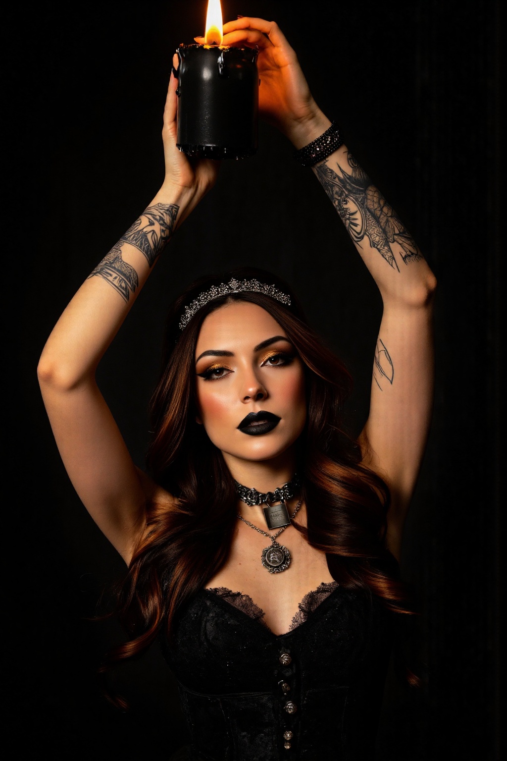 A hyper-realistic studio portrait of a gothic woman holding a burning black candle above her head,  her intense gaze illum...