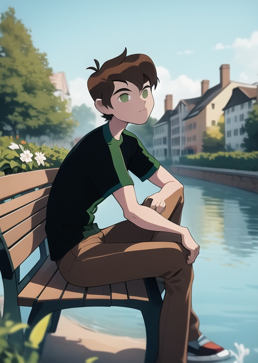 benov,  sitting on bench,  outdoors on Tensor.Art