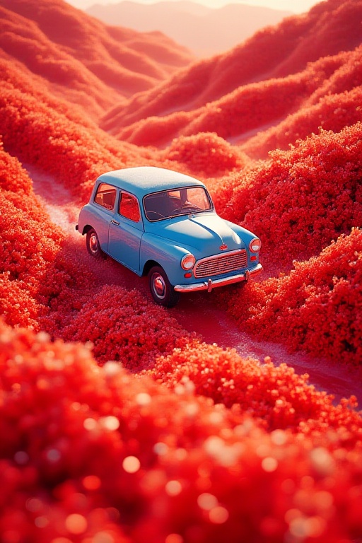 The image depicts a small,  blue vehicle navigating through a landscape that appears to be made entirely of vibrant red fl...