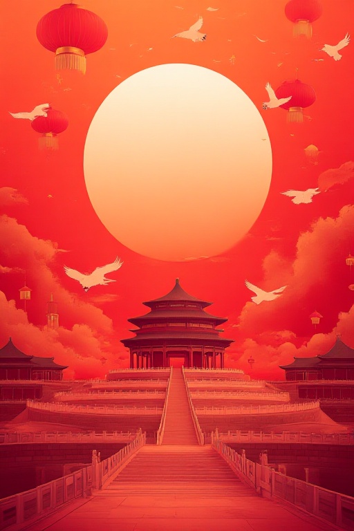 The image depicts a vibrant and stylized scene of a traditional Chinese architectural setting. At the center is a large,...