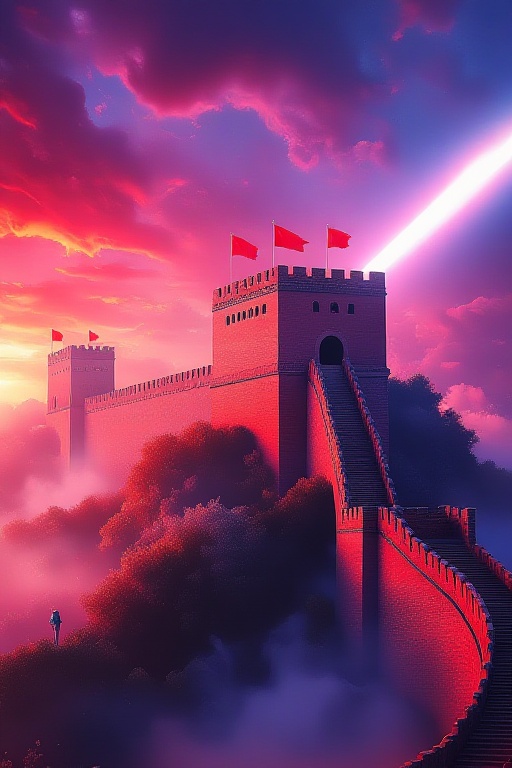 The image depicts a fantastical scene of a majestic,  ancient-looking fortification,  resembling the Great Wall of China o...