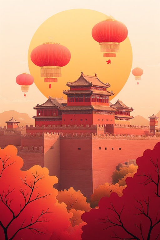 The image depicts a traditional Chinese architectural scene with a large,  majestic structure resembling a historical fort...