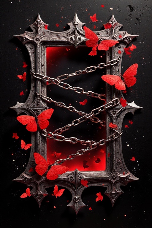 The image depicts a dark,  gothic scene with a central frame that appears to be a window or portal. The frame is ornate,...