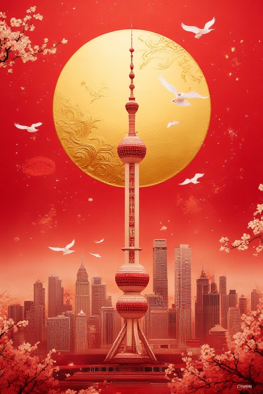 The image depicts a vibrant and artistic representation of a city skyline,  prominently featuring a tall tower in the cent...