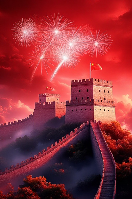 The image depicts a majestic view of the Great Wall of China,  a historic fortification that stretches across the landscap...