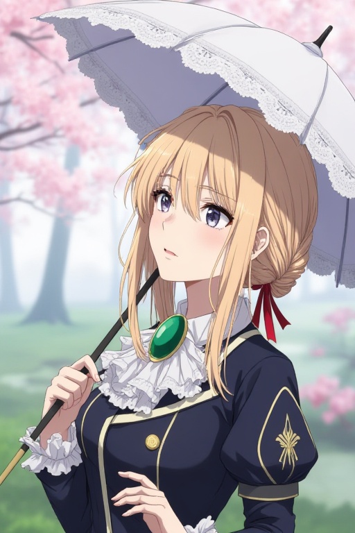 The image depicts a young woman with long blonde hair styled in a braid,  adorned with a red ribbon. She is dressed in a d...