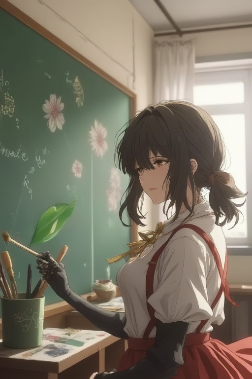 The image depicts a young woman with long dark hair tied into a ponytail,  wearing a white shirt and red suspenders. She i...