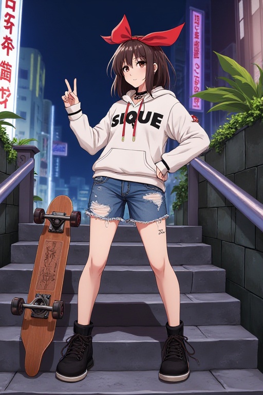 The image depicts a vibrant urban scene at night,  with a young woman standing confidently on a set of stone steps. She is...