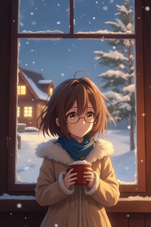 The image depicts a young person standing in front of a large window,  holding a cup of hot beverage. The person is dresse...