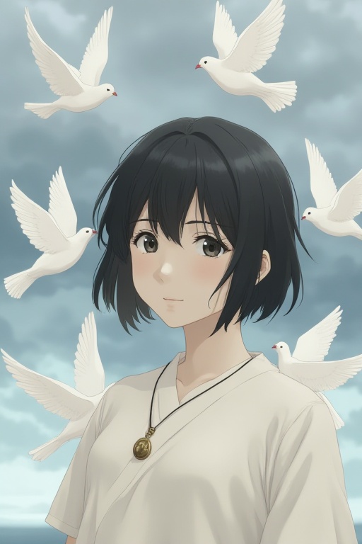 The image depicts a young person with short black hair and large,  expressive eyes. They are wearing a white garment and a...