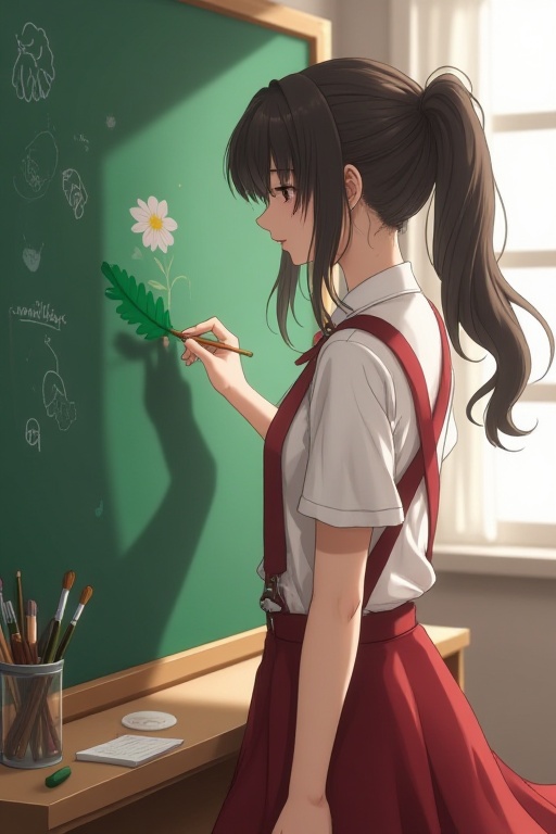 The image depicts a young woman with long dark hair tied into a ponytail,  wearing a white shirt and red suspenders. She i...