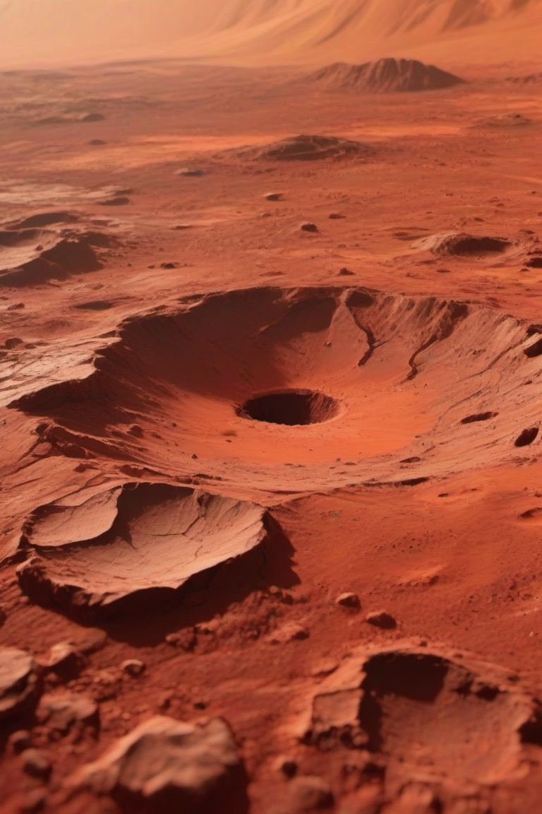 The image depicts a Martian landscape with a reddish-orange hue,  characteristic of Mars' surface. The terrain is rugged,...