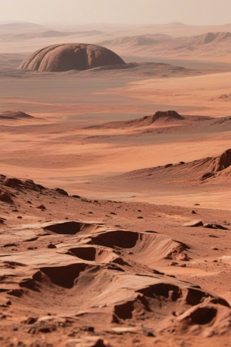The image depicts a vast,  barren desert landscape with reddish-brown hues,  suggesting a desert environment. In the foreg...