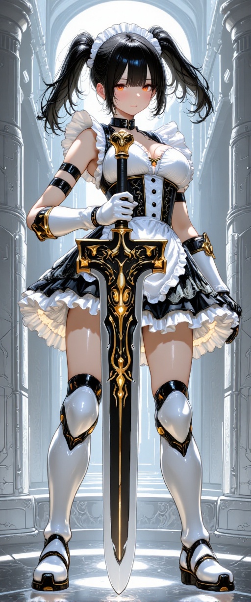 The image depicts a stylized anime-style character standing confidently. She is dressed in a white maid outfit with ruffle...