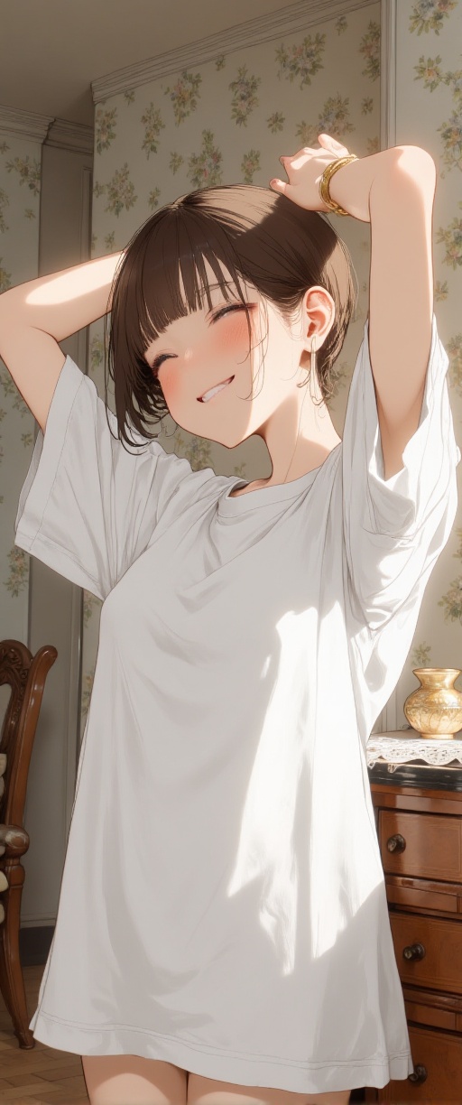 The image shows a person standing indoors,  wearing a white t-shirt. The person has their hands on their head,  short bown...