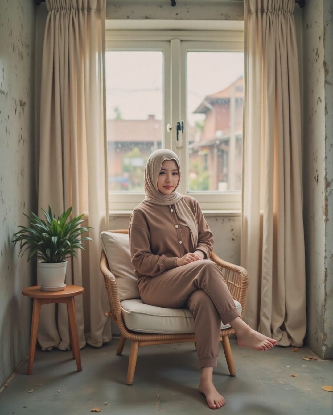 The image shows a woman sitting on a cushioned chair with a white pillow. The chair is placed in front of a set of beige c...