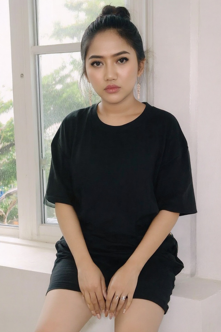 Prisc_Hest1,  A young Indonesian woman with dark hair tied in a bun,  sat on a white windowsill. She is wearing a loose-fi...