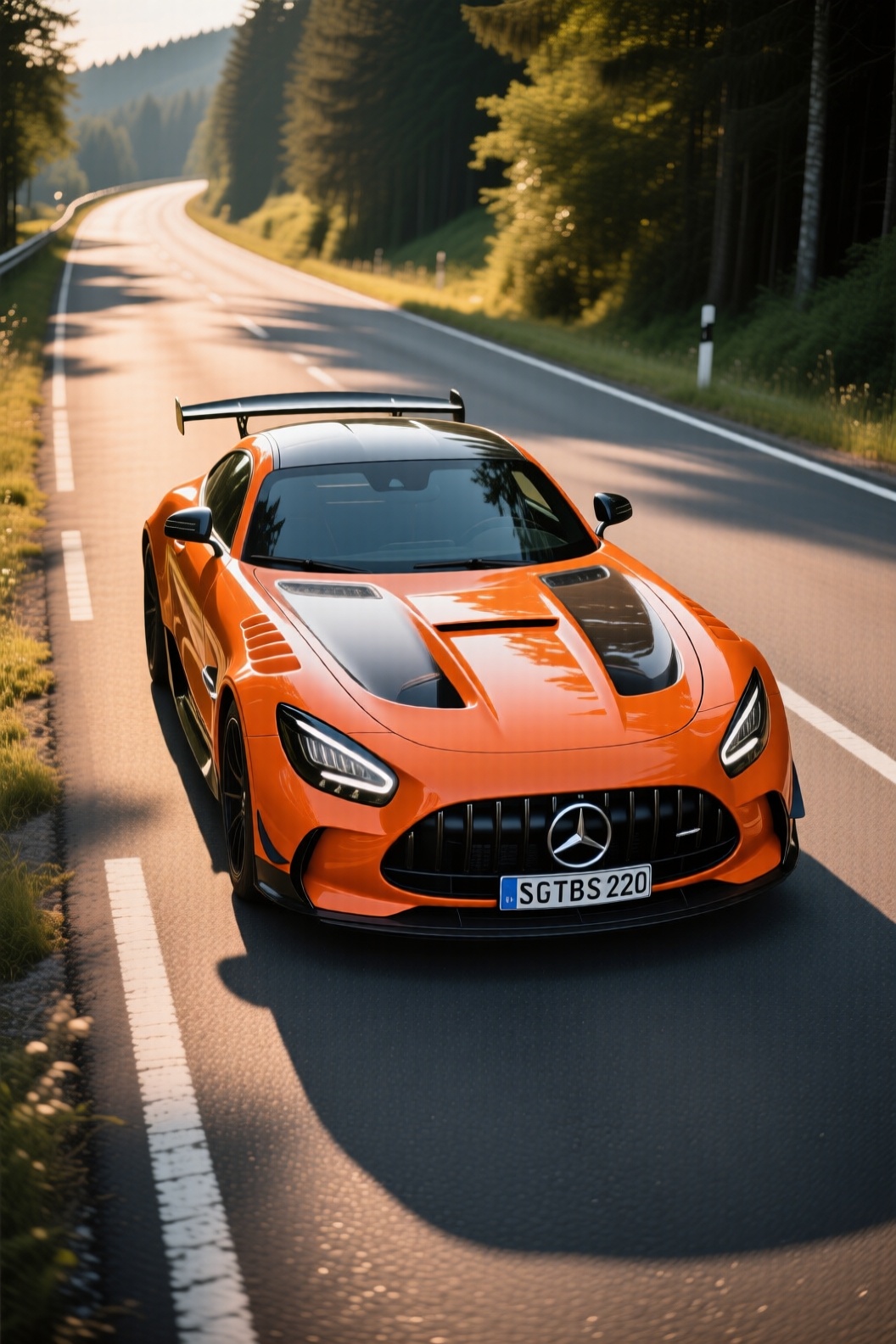 A highly realistic image of a AMGGTBS2020 in the center of the scene,  stationary on a road in the Black Forest. Primary C...