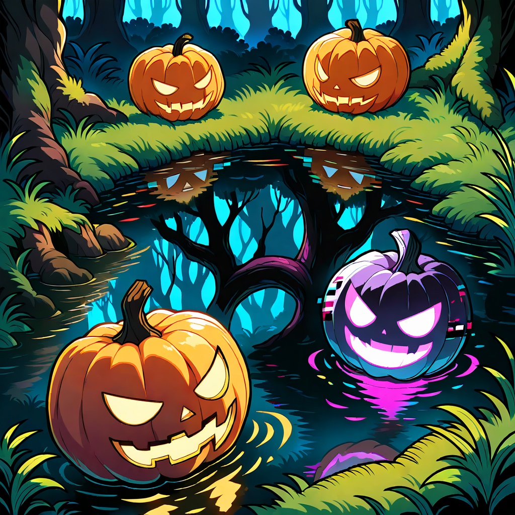 Transparent pumpkin,  An ancient,  twisted tree surrounded by glowing pumpkins; masterpiece on Tensor.Art