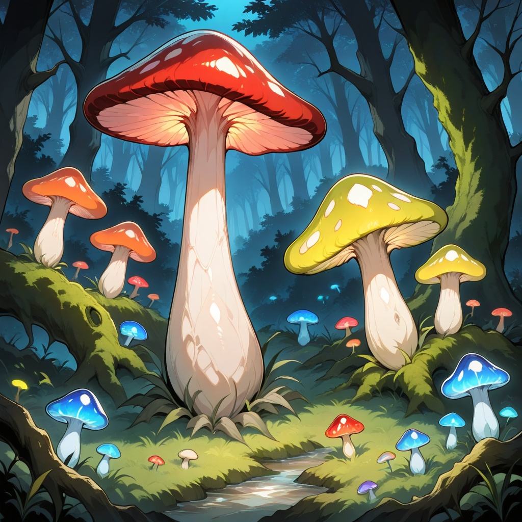Transparent mushrooms,  An ancient,  twisted tree surrounded by cristal clear mushrooms; masterpiece on Tensor.Art