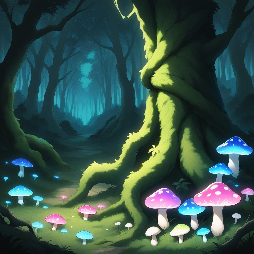 Transparent mushrooms,  An ancient,  twisted tree surrounded by cristal clear mushrooms; masterpiece on Tensor.Art