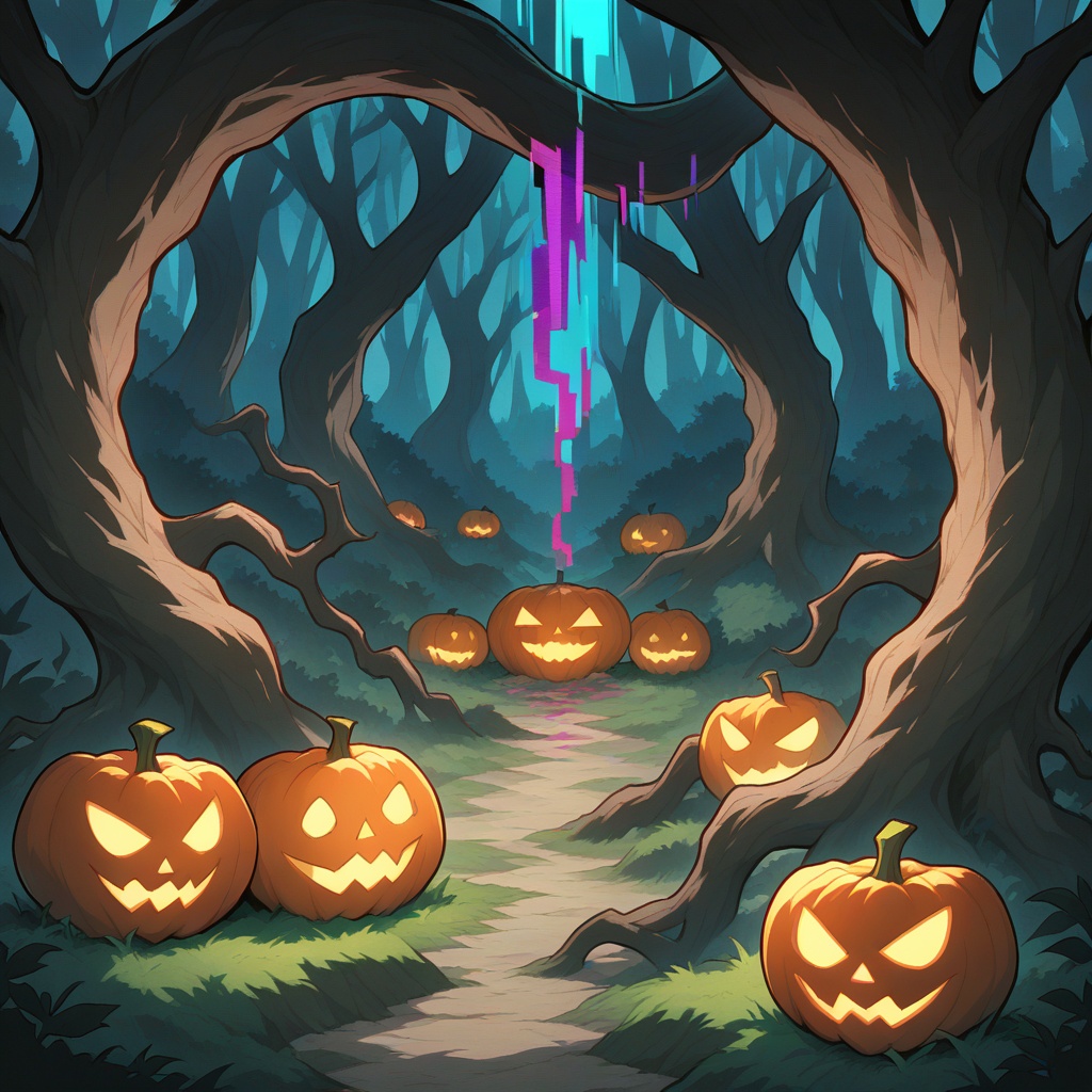 Pumpkin,  an ancient,  twisted tree surrounded by glowing pumpkins; masterpiece on Tensor.Art