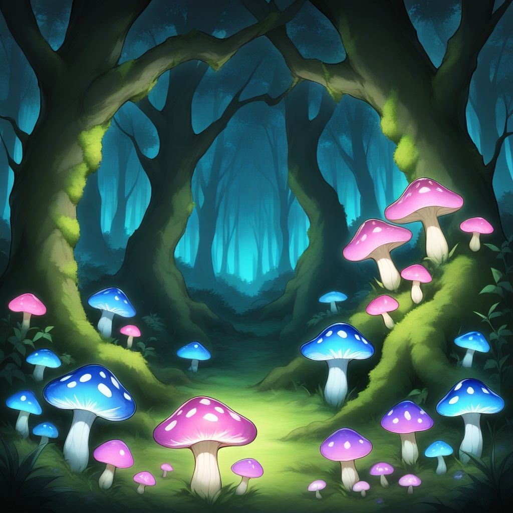 Transparent mushrooms,  An ancient,  twisted tree surrounded by cristal clear mushrooms; masterpiece on Tensor.Art