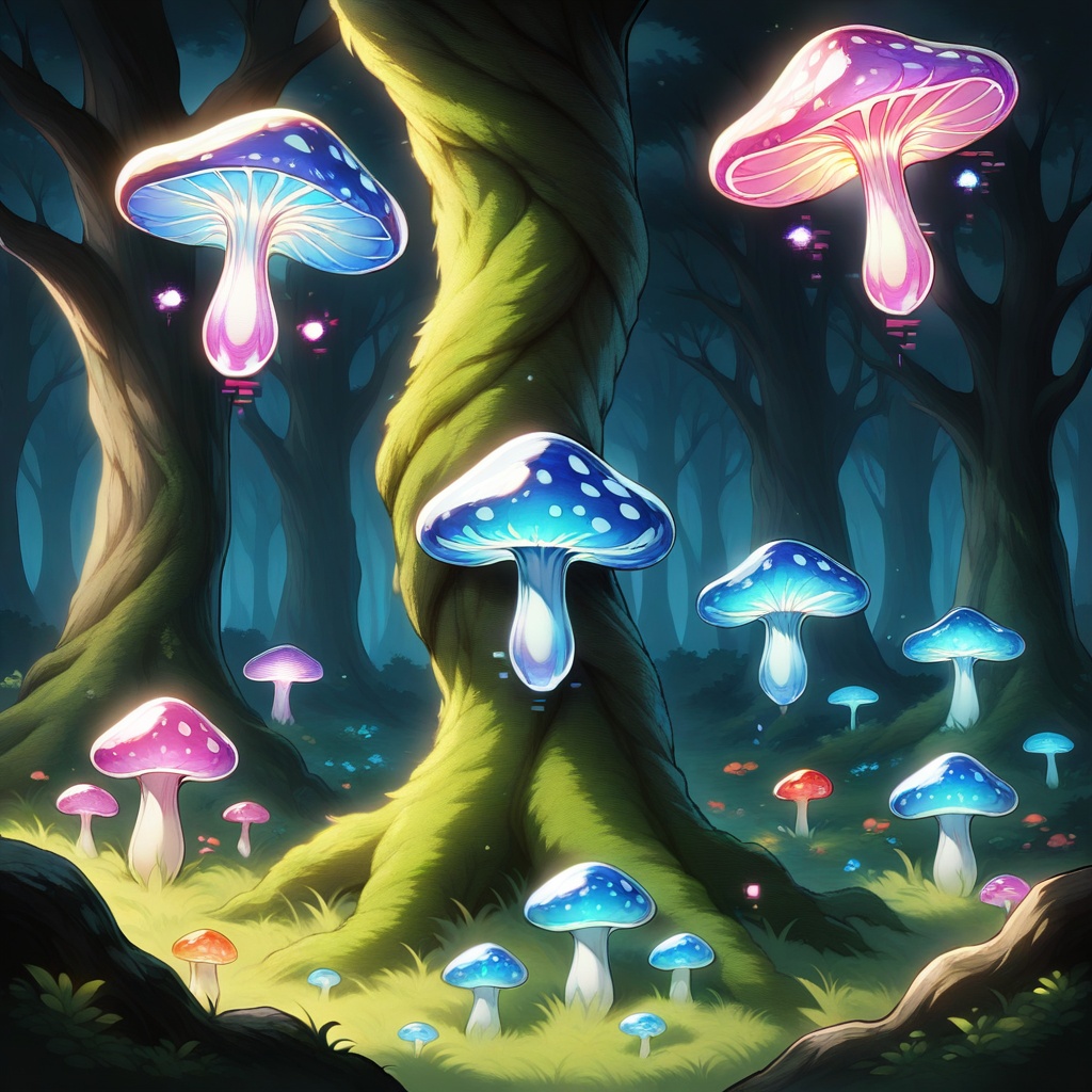 Transparent mushrooms,  An ancient,  twisted tree surrounded by crystalline mushrooms; masterpiece on Tensor.Art