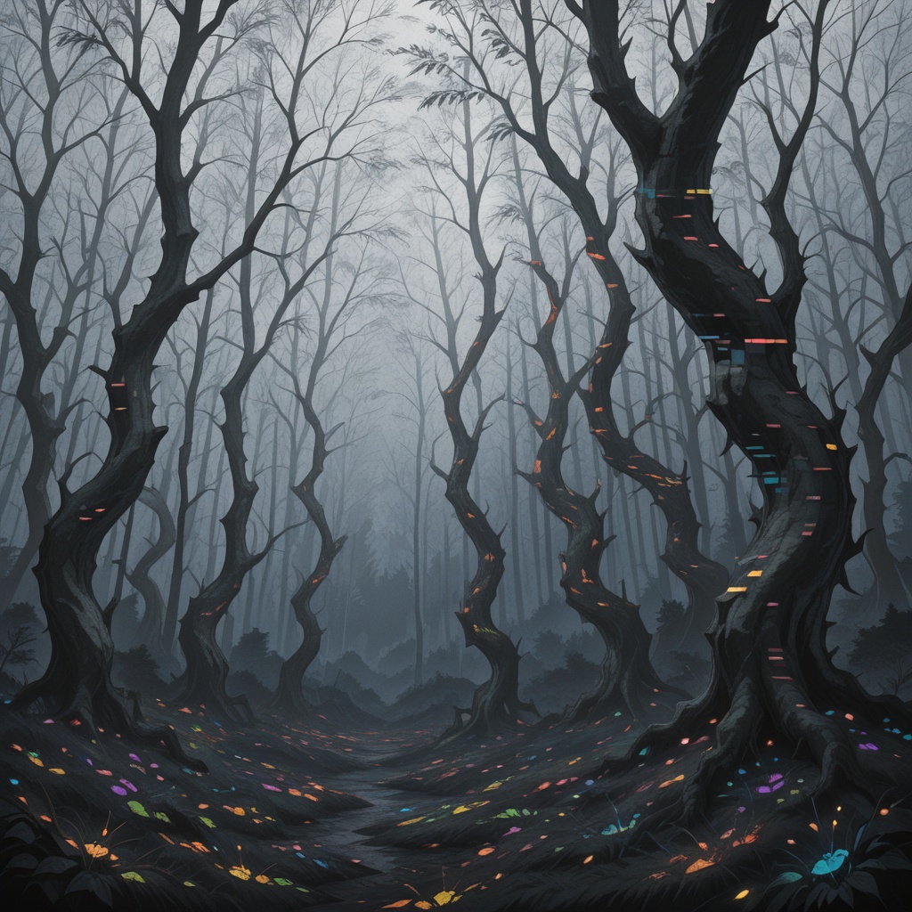 Mosaic landscape of dark forest and twisted trees,  isekaium_twisted_forest,  make it in anime style masterpiece on Tensor...