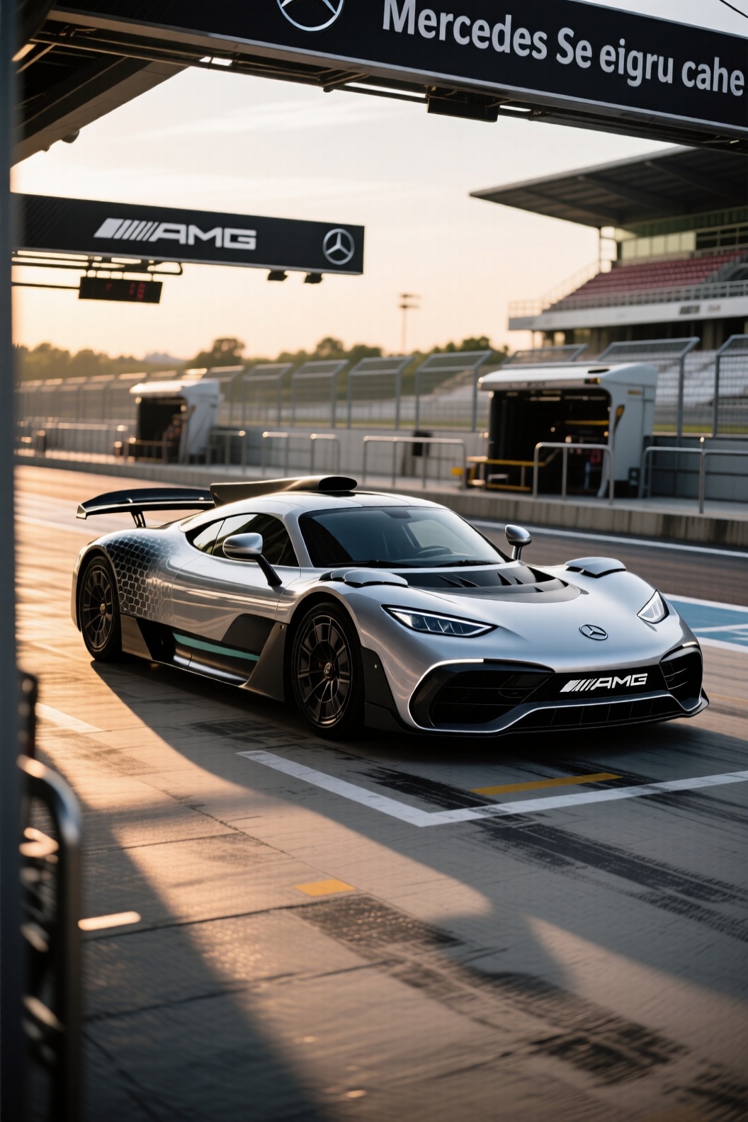 A highly realistic image of a MercedesAMGOne in the center of the image stationary in the pitlane of a racetrack. Style &...