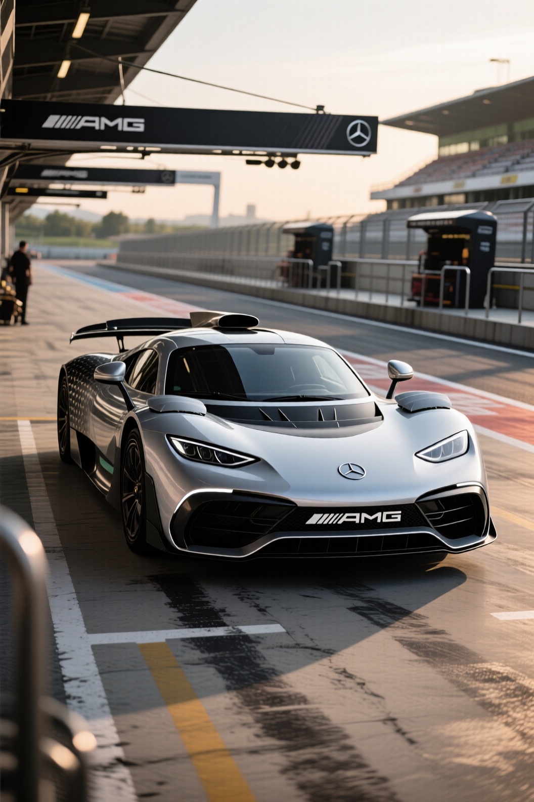 A highly realistic image of a MercedesAMGOne in the center of the image stationary in the pitlane of a racetrack. Style &...