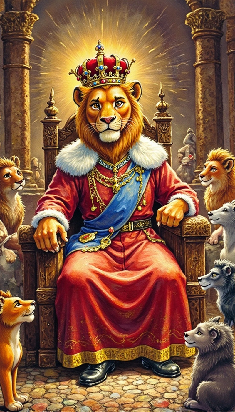 The Lion King in his royal robe and crown with precious stones. The Lion King's clothes look expensive and are decorated w...