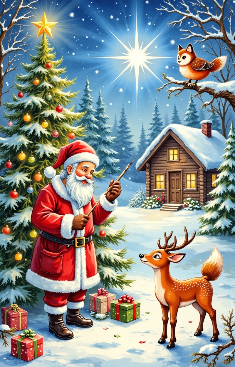 (snowflake focus). In the center of the illustration is a snowflake. A heartwarming holiday scene with Santa Claus in his...