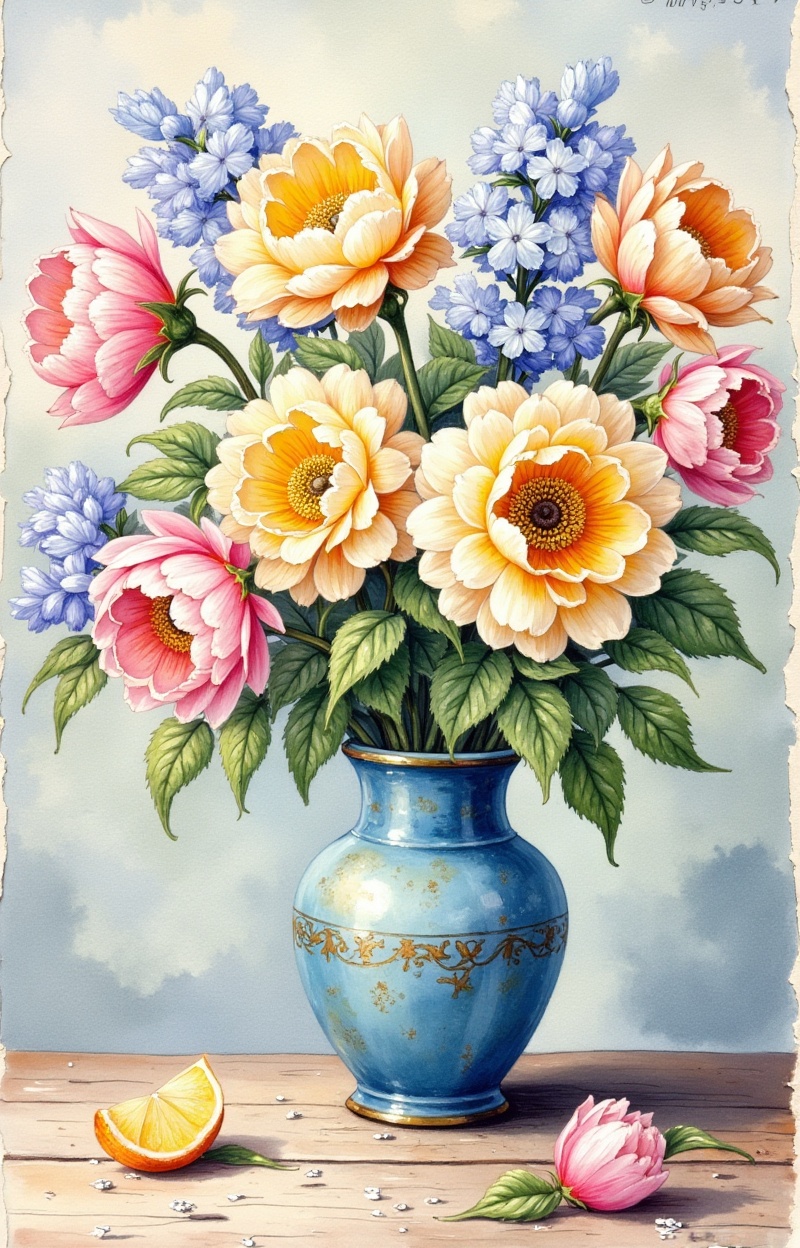 ((Painterly blur)). Impressionist watercolor painting,  still life with flowers,  delicate brush strokes on Tensor.Art