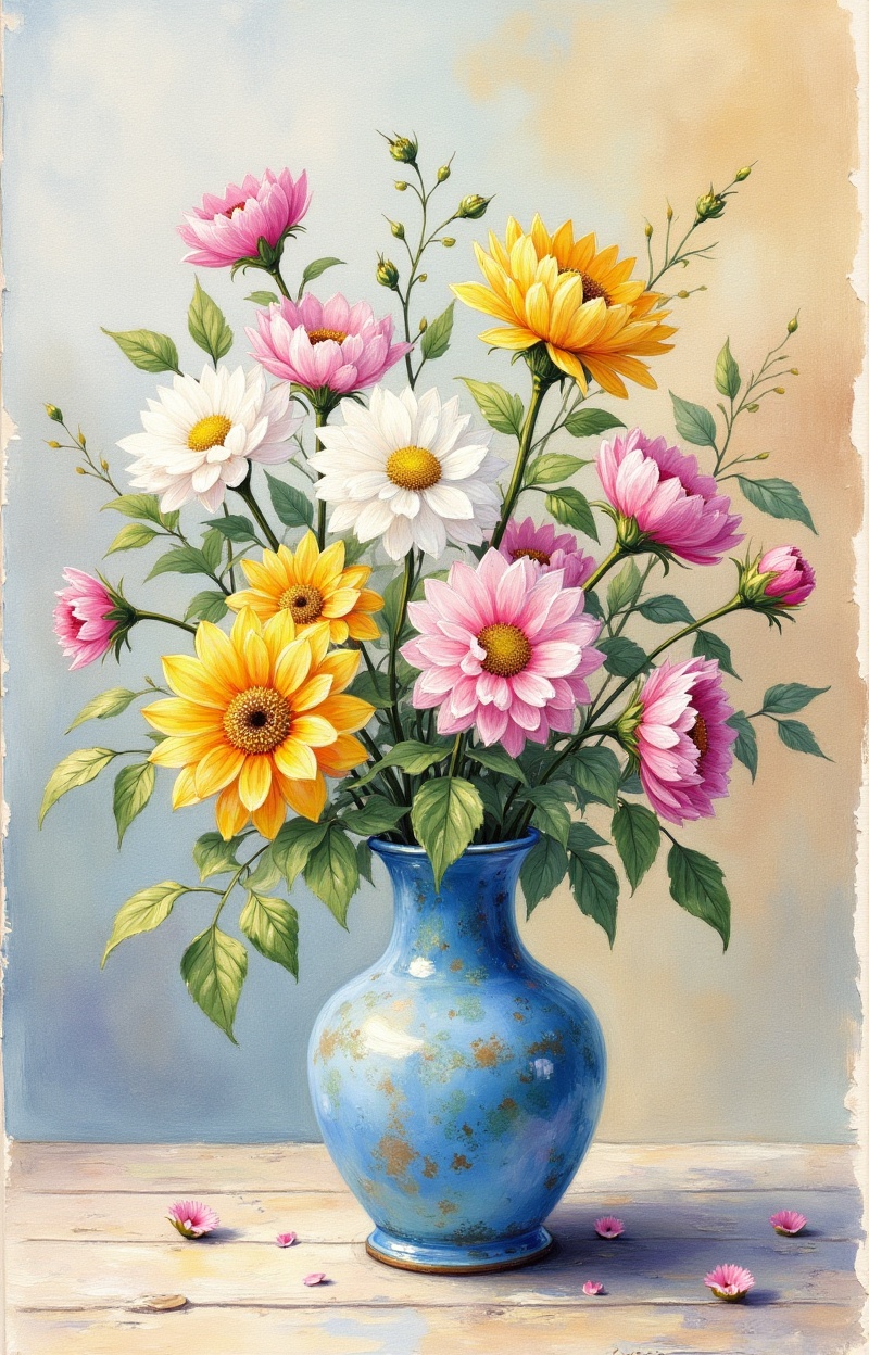 ((Painterly blur)). Impressionist watercolor painting,  still life with flowers,  delicate brush strokes on Tensor.Art