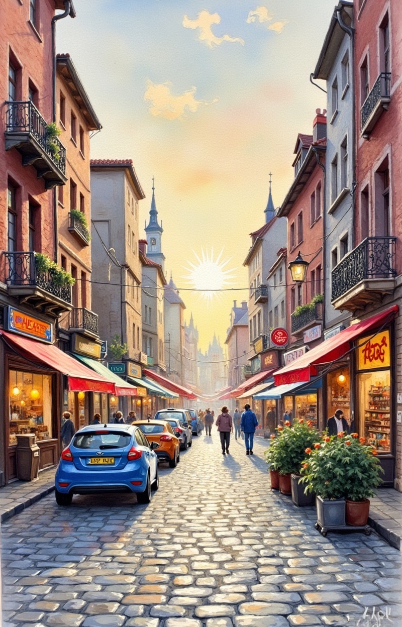 ((Painterly blur)). Watercolor painting,  impressionism,  city street scene on Tensor.Art